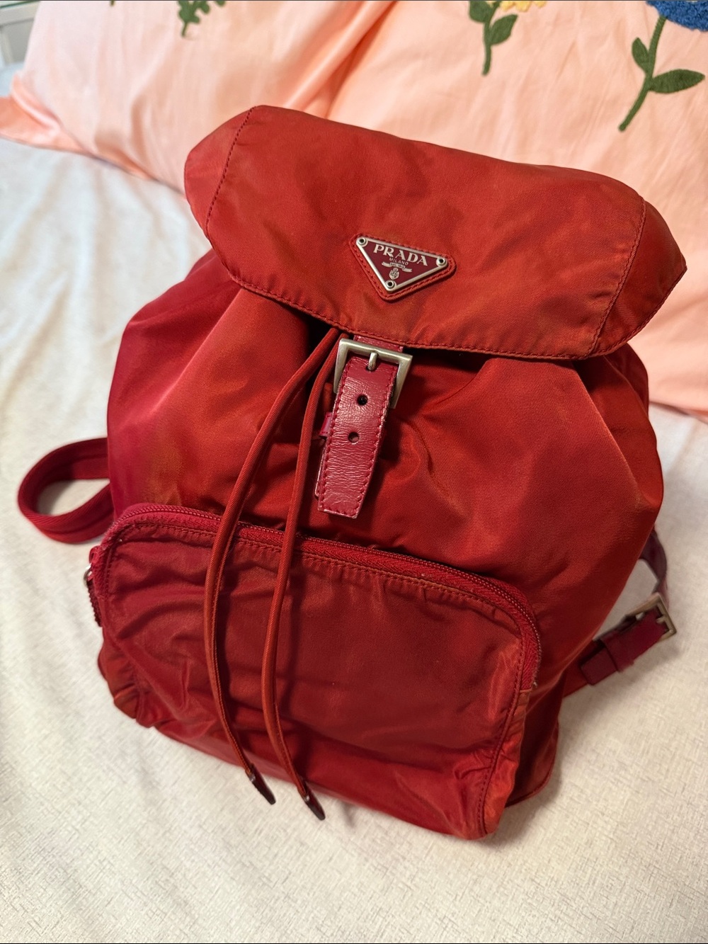 Prada Red Nylon Drawstring Backpack with Front Zip Pocket